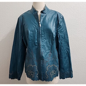 Pamela McCoy 1X Leather Jacket Teal Punched Floral Pattern Scalloped Hems Zip